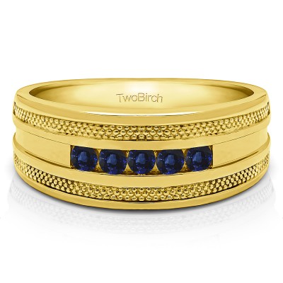 0.5 Ct. Sapphire Five Stone Channel Set Men's Wedding Ring with Millgrained Edges in Yellow Gold