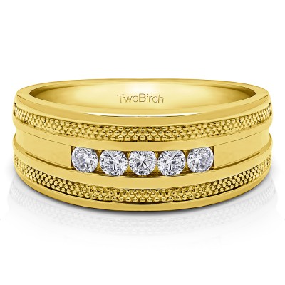 0.5 Ct. Five Stone Channel Set Men's Wedding Ring with Millgrained Edges in Yellow Gold