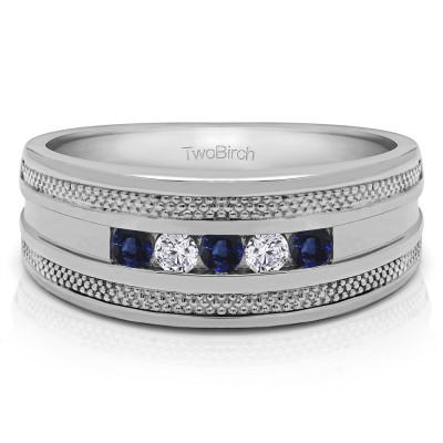 0.25 Ct. Sapphire and Diamond Five Stone Channel Set Men's Wedding Ring with Millgrained Edges