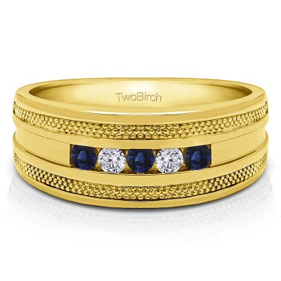 0.25 Ct. Sapphire and Diamond Five Stone Channel Set Men's Wedding Ring with Millgrained Edges in Yellow Gold