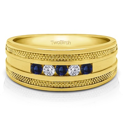 0.25 Ct. Sapphire and Diamond Five Stone Channel Set Men's Wedding Ring with Millgrained Edges in Yellow Gold