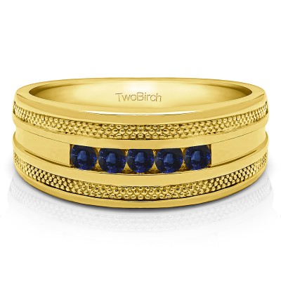 0.25 Ct. Sapphire Five Stone Channel Set Men's Wedding Ring with Millgrained Edges in Yellow Gold