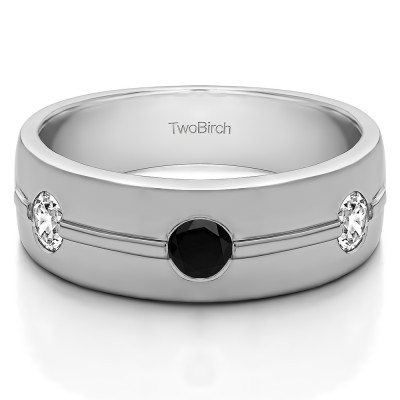0.5 Ct. Black and White Three Stone Burnished Men's Wedding Ring With Ribbed Design