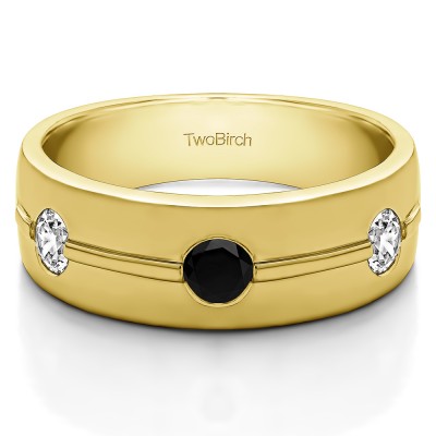 0.5 Ct. Black and White Three Stone Burnished Men's Wedding Ring With Ribbed Design in Yellow Gold