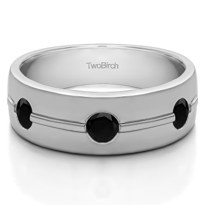 0.5 Ct. Black Three Stone Burnished Men's Wedding Ring With Ribbed Design