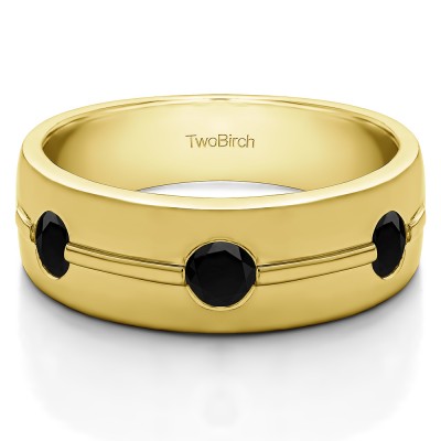 0.5 Ct. Black Three Stone Burnished Men's Wedding Ring With Ribbed Design in Yellow Gold