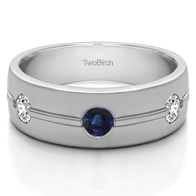 0.5 Ct. Sapphire and Diamond Three Stone Burnished Men's Wedding Ring With Ribbed Design