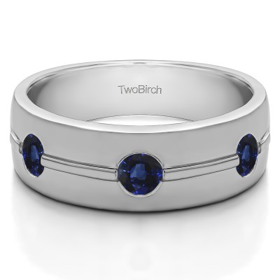 0.5 Ct. Sapphire Three Stone Burnished Men's Wedding Ring With Ribbed Design