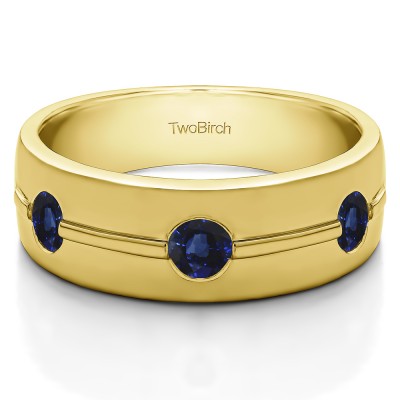 0.5 Ct. Sapphire Three Stone Burnished Men's Wedding Ring With Ribbed Design in Yellow Gold