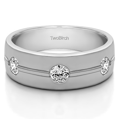 0.5 Ct. Three Stone Burnished Men's Wedding Ring With Ribbed Design