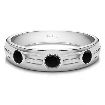 0.48 Ct. Black Stone Burnished Three Stone Men's Wedding Ring with Ribbed Shank