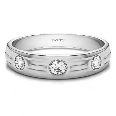 0.48 Ct. Burnished Three Stone Men's Wedding Ring with Ribbed Shank
