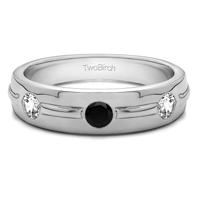 0.35 Ct. Black and White Three Stone Burnished Men's Wedding Ring With Ribbed Band