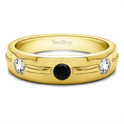 0.35 Ct. Black and White Three Stone Burnished Men's Wedding Ring With Ribbed Band in Yellow Gold