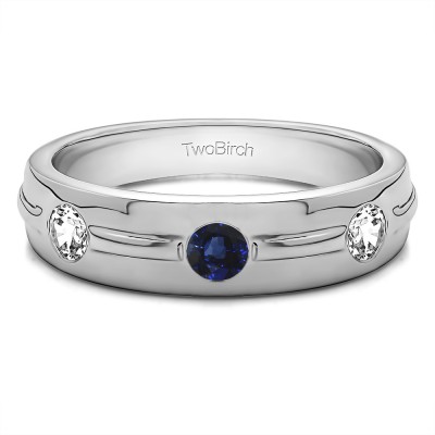 0.35 Ct. Sapphire and Diamond Three Stone Burnished Men's Wedding Ring With Ribbed Band