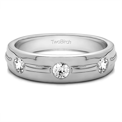 0.35 Ct. Three Stone Burnished Men's Wedding Ring With Ribbed Band