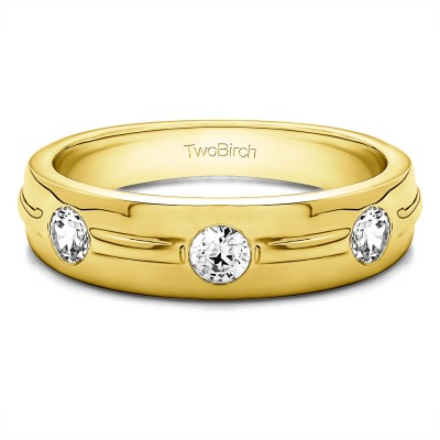 0.35 Ct. Three Stone Burnished Men's Wedding Ring With Ribbed Band in Yellow Gold