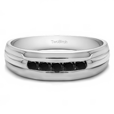 0.5 Ct. Black Five Stone Channel Set Men's Wedding Ring with Ribbed Design