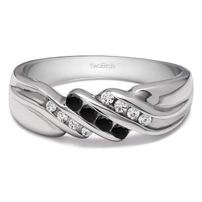 0.32 Ct. Black and White Stone Triple Row Channel Set Men's Wedding Ring with Twisted Shank
