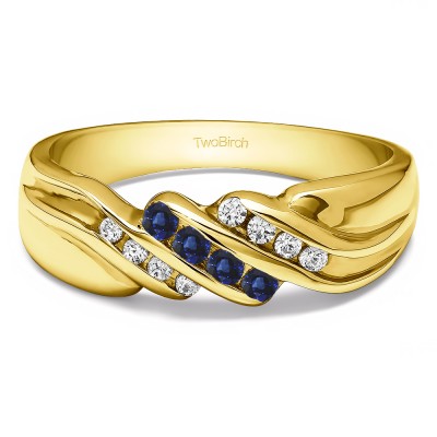 0.32 Ct. Sapphire and Diamond Triple Row Channel Set Men's Wedding Ring with Twisted Shank in Yellow Gold
