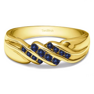 0.32 Ct. Sapphire Triple Row Channel Set Men's Wedding Ring with Twisted Shank in Yellow Gold