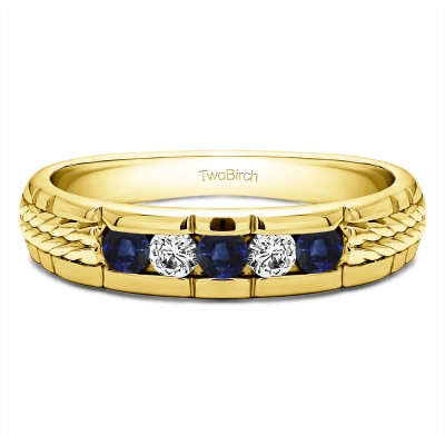0.36 Ct. Sapphire and Diamond Five Stone Channel Set Men's Wedding Ring with Braided Shank in Yellow Gold