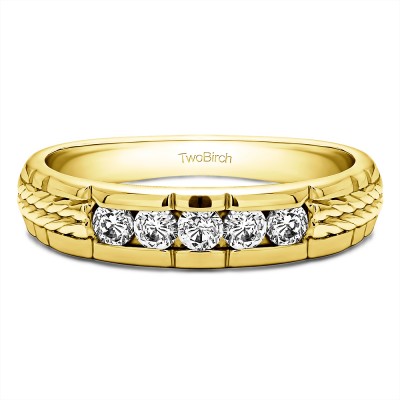 0.36 Ct. Five Stone Channel Set Men's Wedding Ring with Braided Shank in Yellow Gold