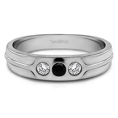 0.33 Ct. Black and White Three Stone Burnished Designer Shank Men's Wedding Ring