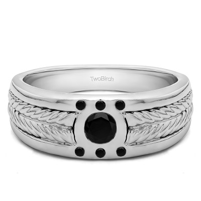 0.31 Ct. Black Stone Engraved Shank Burnished Solitaire Men's Rings