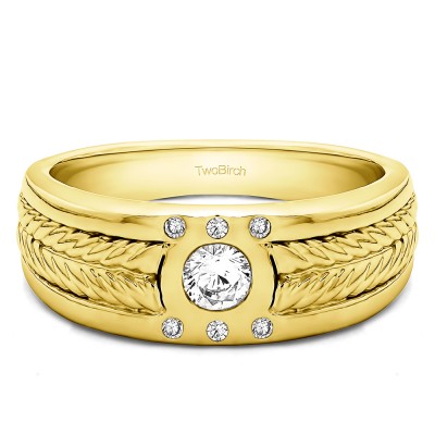 0.31 Ct. Engraved Shank Burnished Solitaire Men's Rings in Yellow Gold