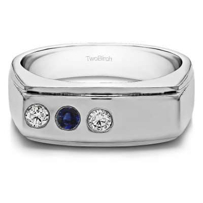 0.5 Ct. Sapphire and Diamond Three Stone Burnished Flat Top Men's Ring