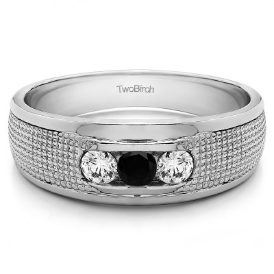 0.5 Ct. Black and White Three Stone Channel Set Engraved Shank Men's Ring