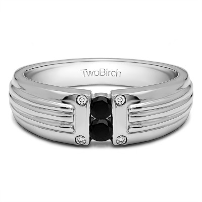 0.28 Ct. Black and White Stone Two Stone Tension Set Ribbed Shank Men's Wedding Ring