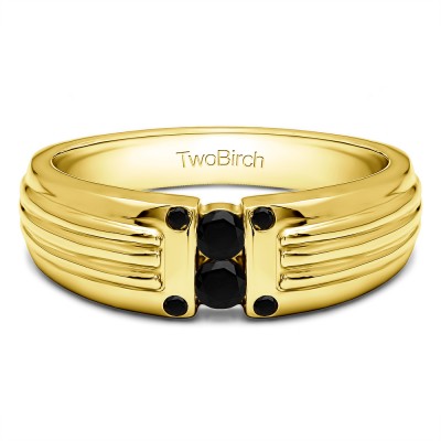 0.28 Ct. Black Two Stone Tension Set Ribbed Shank Men's Wedding Ring in Yellow Gold