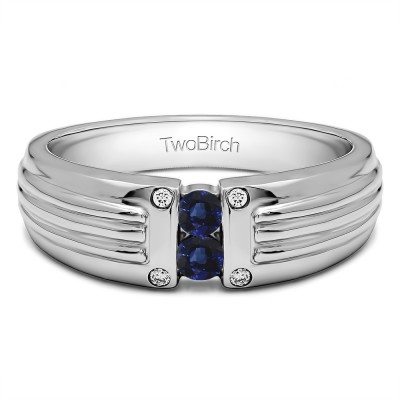 0.28 Ct. Sapphire and Diamond Two Stone Tension Set Ribbed Shank Men's Wedding Ring