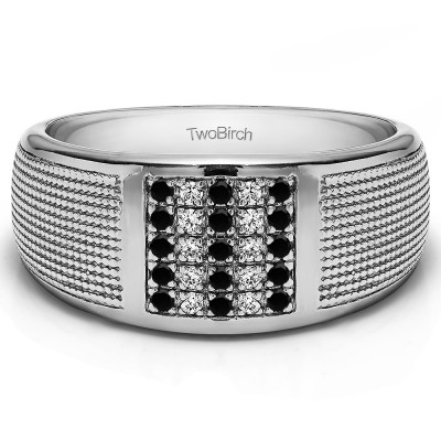 0.25 Ct. Black and White Stone Round Cluster Top Ribbed Shank Men's Wedding Ring