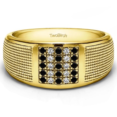 0.25 Ct. Black and White Stone Round Cluster Top Ribbed Shank Men's Wedding Ring in Yellow Gold