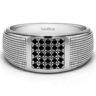 0.25 Ct. Black Stone Round Cluster Top Ribbed Shank Men's Wedding Ring