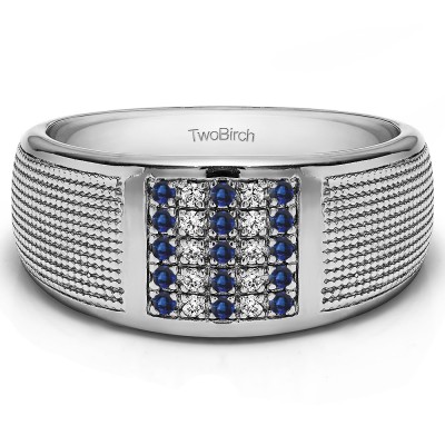 0.25 Ct. Sapphire and Diamond Round Cluster Top Ribbed Shank Men's Wedding Ring
