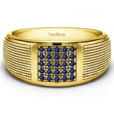 0.25 Ct. Sapphire Round Cluster Top Ribbed Shank Men's Wedding Ring in Yellow Gold