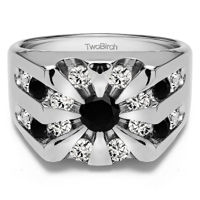 0.5 Ct. Black and White Stone Round Channel Set Sun Burst Style Men's Ring