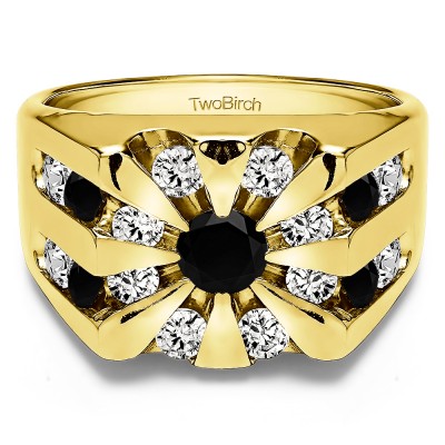2 Ct. Black and White Stone Round Channel Set Sun Burst Style Men's Ring in Yellow Gold