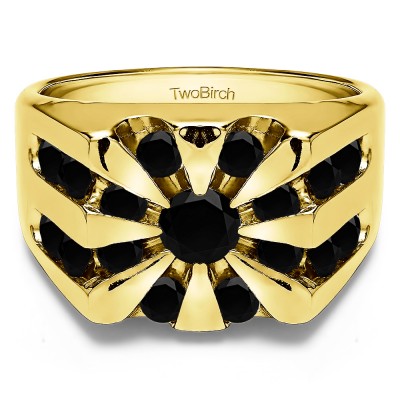2 Ct. Black Stone Round Channel Set Sun Burst Style Men's Ring in Yellow Gold
