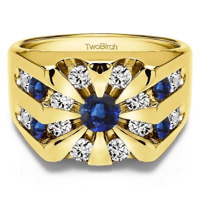 1 Ct. Sapphire and Diamond Round Channel Set Sun Burst Style Men's Ring in Yellow Gold