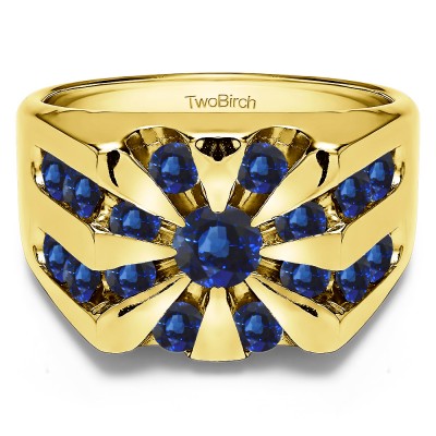 1 Ct. Sapphire Round Channel Set Sun Burst Style Men's Ring in Yellow Gold