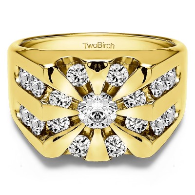 2 Ct. Round Channel Set Sun Burst Style Men's Ring in Yellow Gold