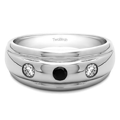 0.3 Ct. Black and White Three Stone Burnished Domed Men's Wedding Band