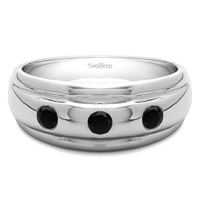 0.3 Ct. Black Three Stone Burnished Domed Men's Wedding Band