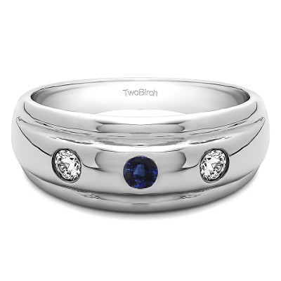 0.3 Ct. Sapphire and Diamond Three Stone Burnished Domed Men's Wedding Band
