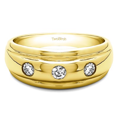 0.3 Ct. Three Stone Burnished Domed Men's Wedding Band in Yellow Gold